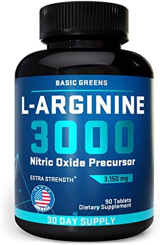 BASIC GREENS L Arginine 3,150mg (90 Tablets) L-Arginine Supplement for Men and Women with Nitric Oxide Precursor | L Arginine Supplement Pills for Men, Sport, Workout, Made in The USA