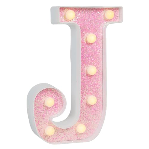 Image of Pink Glitter Marquee Light Up Letters, Battery Operated LED Letter Lights Signs for Pink Birthday Party Table Decorations, Wall Decor for Girls Bedroom, Initial Letter J with Warm White Lights