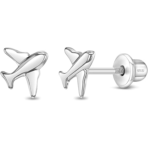 925 Sterling Silver Tiny Polished Airplane Safety Screw Back Earrings For Children - Little Girls Traveling Airplane Earrings For Vacation