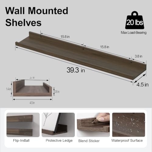 Image of Walnut Floating Shelves for Wall Decor, 40 in Shelf with Lip, 2 Set | 4.5 inch Deep Display Picture Ledge Shelf, Long Wall Mounted Storage Shelves for Bedroom, Bathroom, Living Room, Kitchen, Nursery