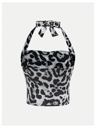 Image of SOLY HUX Girl's 2 Piece Halter Tank Top Leopard Print Ruched Tie Backless Sleeveless Y2k Tops
