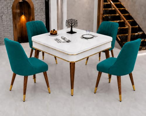 Image of WOODEN SPACE 4 Seater Wooden Dining Table Set | Urban Marble Top Dining Table with Chairs for Dining Room & Kitchen (Modern Frontline Sea Blue) (42 x 42 x 30 inch)