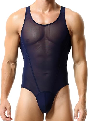 Mufeng Mens One Piece Sexy Bodysuit Male See Through Jumpsuit Wrestling Singlet Leotard Workout Unitard Biketard Mesh Dark Blue Medium