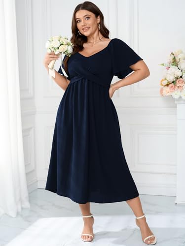 SCOMCHIC Women Plus Size Midi Dresses Short Sleeve V Neck Twist Front Summer Wedding Guest Smocked Flowy A Line Dress2