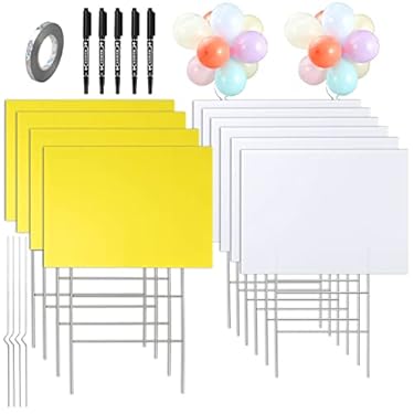AMAZON - 10 Pack Blank Yard Signs with Stakes 17×13 Inch White Yellow Yard Sale Sign Double Size Garden Sign DIY Door Signs With Markers And Balloons For Party Decorations, Garage Sale, Guidepost, Open House