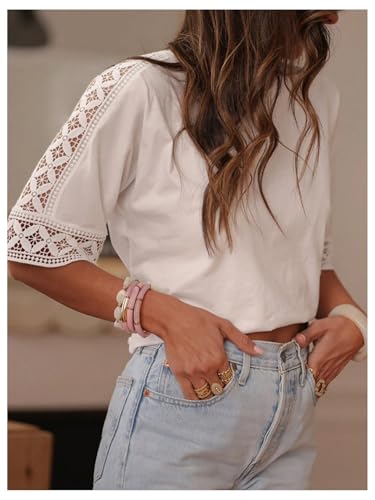 GORGLITTER Women's Embroidered Lace Boho Tops Half Sleeve Crop Crewneck Hollow Out Tee Shirts4