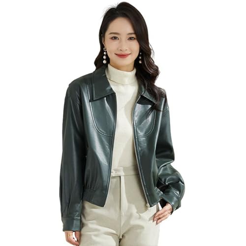 [Taopagii] PUジャケット レザージャケット レディース ブルゾン ショート丈 革ブルゾン 長袖 皮ジャン ジャンパー カジュアル ゆったり おしゃれ エレガント キレイめ 無地 防寒 防風 オフィス デイリー アウター グリーン L