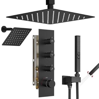 Bostingner Shower Faucet Set,Thermostatic Shower System,12 Inch Ceiling Mounted and 6 Inch Wall Mount Rain Shower Head with 2 in 1 Handhled,High Pressure Dual Shower Head Combo Set Matte Black