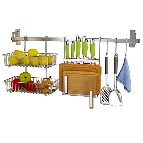 Dish Drainer Hanging Dish Drying Rack Set Wall Mounted Dish Drying Rack with Knife Cutting Board Holder, Kitchen Plate Rack with 2 Tier Fruit Basket, Durable- 304 Stainless