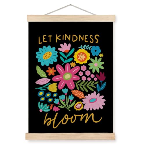 KRHFG Let Kindness Bloom Inspirational Mental Health Wall Art Poster Framed, Boho Floral Be Kind Hanging Canvas Prints Wall Decor for Classroom Therapy Office Home, 12x16 Inch