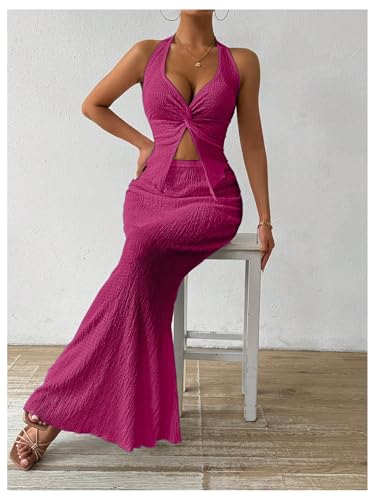 Image of SOLY HUX Women's Two Piece Outfits Twist Front Halter Cami Tops and Skirt Summer Set