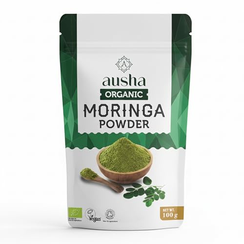 Ausha Organic Moringa Leaf Powder 200g - UK Certified Organic by Soil Association- Source of Protein Amino Acids Antioxidants Dietary Fibre Vitamins & Minerals - Oleifera Leaf