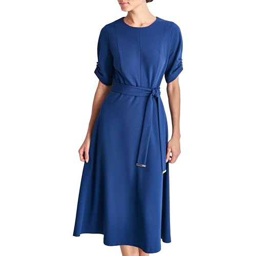 DKNY Women's Short Ruched Sleeve Jewel Neck Midi Dress with Removable Belt