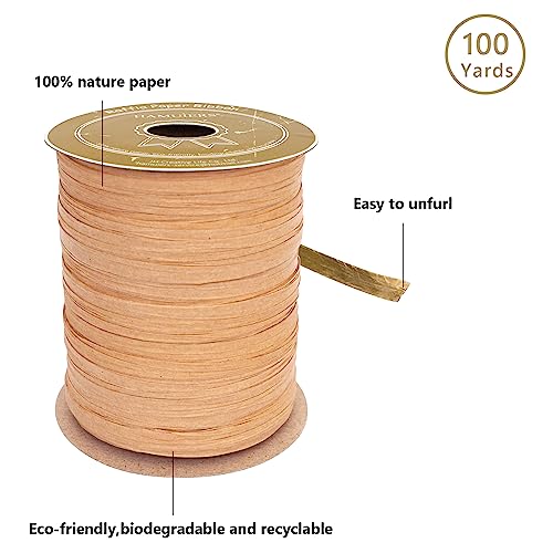 Raffia Ribbon for Gift Wrapping, Packing Paper Twine, Craft Ribbon Raffia Yarn for Crochet - 1/4'' Wide, 100 Yards, Kraft