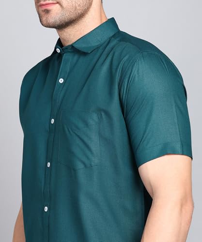 Image of MILDIN Men's Cotton Blend Solid Shirt with Spread Collared Half Sleeve Curved Hemline Button Closure Regular Fit and One Pocket | Half Sleeve Shirt for Men