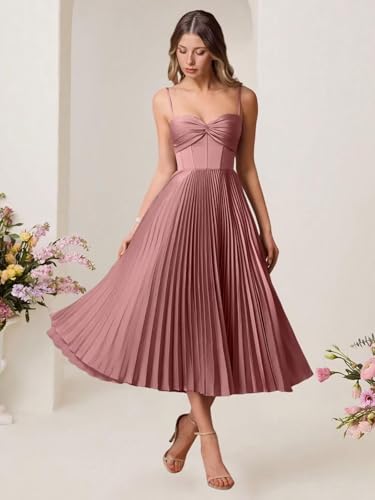 Spaghetti Straps Bridesmaid Dresses for Women Satin Pleated Tea Length Prom Dress A-Line Flowy Midi Evening Party Gown3