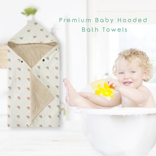 Image of Organic Cotton Baby Bath Towel with Ultra Soft Muslin and Absorbent Flannel Lining Hooded Baby Towel, Breathable, and Perfect for Boys and Girls, (30x30 inches, Rainbow Pattern)