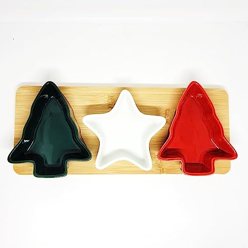 Petisqueira Natalina Eco Bambu com 3 Bowls Cerâmica Estrela e Pinheiro de Natal