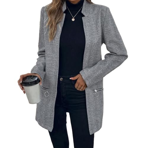 Womens Herringbone Open Front Business Jacket Dressy Casual Notched Tweed Blazers Fall Office Wear Coats Outwear with Pockets