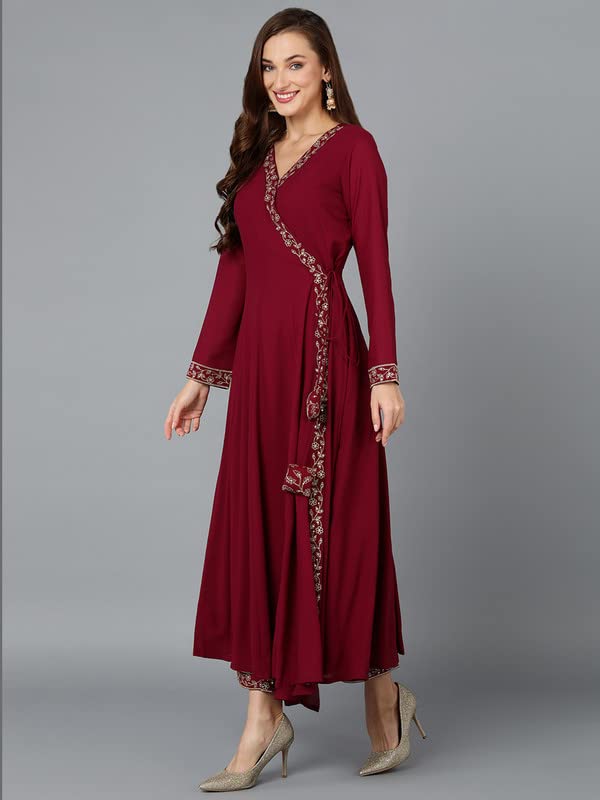 Image of Vaamsi Women's Georgette Embroidered Flared Angrakha Pant With Dupatta With Inner