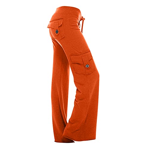 jsaierl Women Cargo Pants with Pocket Stretchy Elastic Waist Drawstring Wide Leg Pants Casual Loose Straight Leg Yoga Trouser, #02orange, Large
