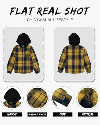 Image of Boys Girls Flannel Shirts Plaid Hoodies Fall Fashion Button Down Shirts | Long Sleeve Shirts Hooded Lightweight Jacket, Perfect for School Mornings, Leaf Piles,Camping, Bonfires, Weekend Adventures