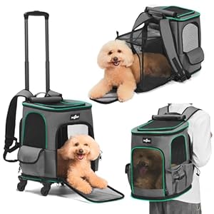 Cat Carrier Backpack with Wheels, Expandable Rolling Pet Carrier with Breathable Mesh, Removable Cat Dog Backpack Carrier with Storage Pocket for Small Medium Cat Dog Under 20LBS