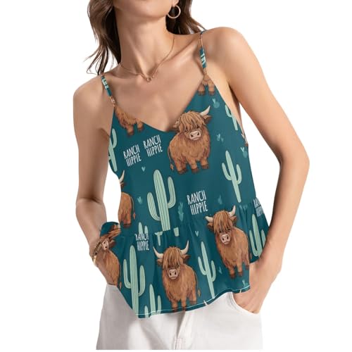 JULYTO Womens Tank Tops Summer Ranch Hippie Cactus Bull Camisole Halter Tops Casual Basic Tanks,Chiffon,M