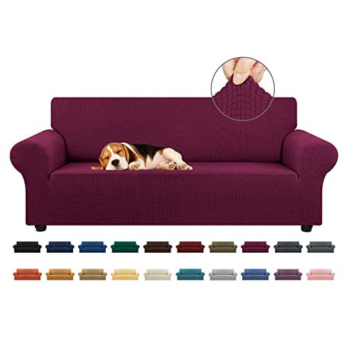 KEKUOU Stretch Sofa Cover Slipcover ,Couch Covers for 3 Cushion Couch Sofa pet Friendly (78"-94") Furniture Protector Sofa with Elastic Bottom for Kids,Dog, Jacquard Small Checked(Large,Wine)