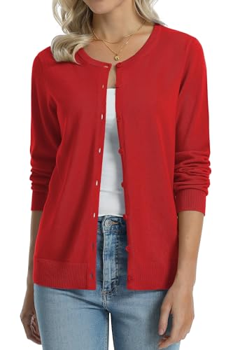 Image of QUALFORT Women's 100% Cotton Lightweight Cardigans Long Sleeve Knitted Button Down Sweater