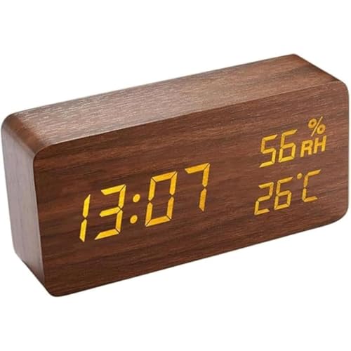 Vlfn 目覚まし時計 ??木目デザイン 大音量アラームクロック 温度湿度計 LED照明 卓上置き時計 アラーム設定 簡単操作 AC電源対応 寝室 オフィス リビング 多場所対応 (ブラウン,長方形)