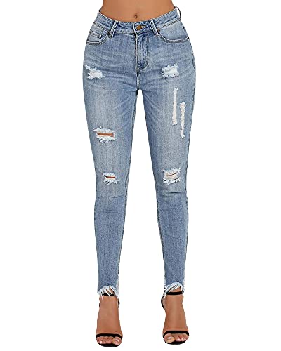 roswear Women s Ripped Mid Rise Frayed Bottom Denim Stretchy Skinny Jeans Light Blue L
