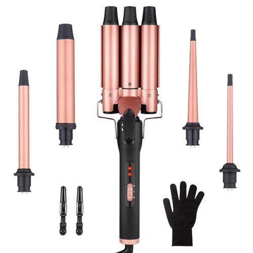 Curling Wand Iron 5 in1, Mermaid Hair Waver with Interchangeable Ceramic Coating Barrels, PTC Display Multifunction Curling Tongs Set for Long/Short Hair, for Different Size Curls and Waves