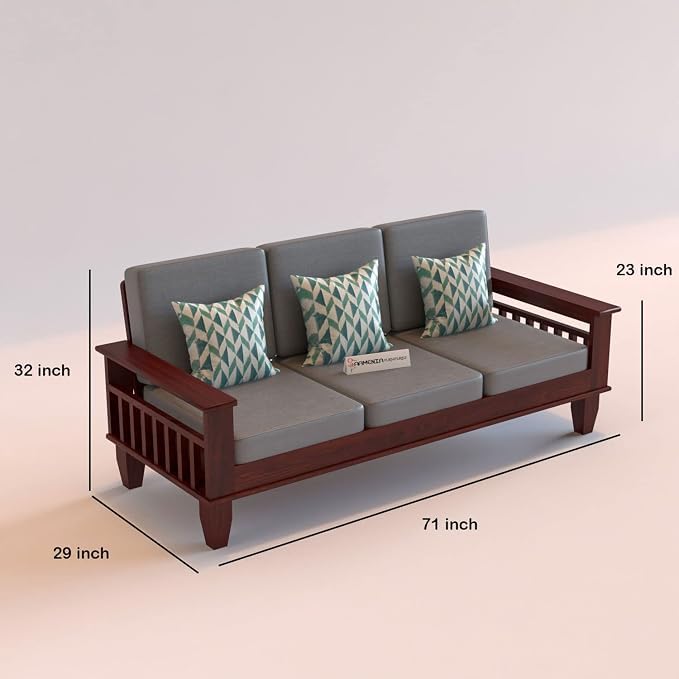 Image of Sheesham Wooden 3 Seater Sofa for Living Room | Rosewood 3 Seater Cushion Sofa with Side Newspaper Holder for Home & Office | Solid Wood Sofa Set for Lounge (Mahogany Finish)