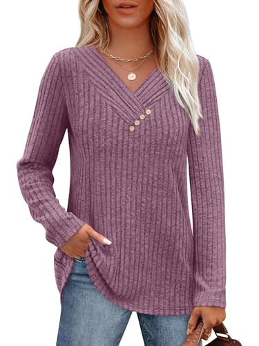 Aokosor V Neck Jumpers for Women UK Long Sleeve Tops Womens Sweatshirt with Buttons Casual Loose Fit Purple Size 22-24 XXL