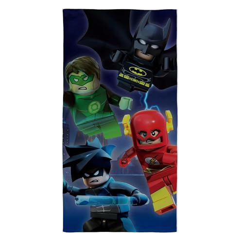 Serviette de plage officielle LEGO DC Superheroes Batman, Flash, Nightwing & Green Lantern - 70 x 140 cm - 100% coton