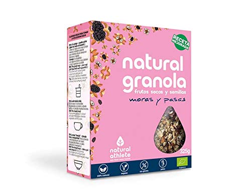 Granola Natural Athlete, Frutos Secos y Semillas BIO Sin Azúcar Refinado, Sin Gluten, Vegana, Moras y Pasas -325 g