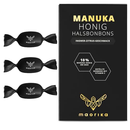 maorika Manuka Honig Bonbons mit erfrischend-belebendem Ingwer Zitrus Geschmack - Manuka Halsbonbons MGO 400+ aus Neuseeland, zertifiziert und laborgeprüft (100g, 19 Stück)