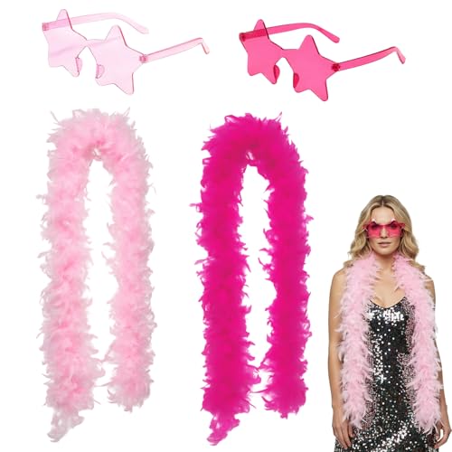 4PCS Feather Boa Pink Boa Feather Scarf Set With Pink And Rose Red Scarves And Star-Shaped Glasses For Carnival Music Festival Role-Playing Stage Performance And Bachelor Party Decoration