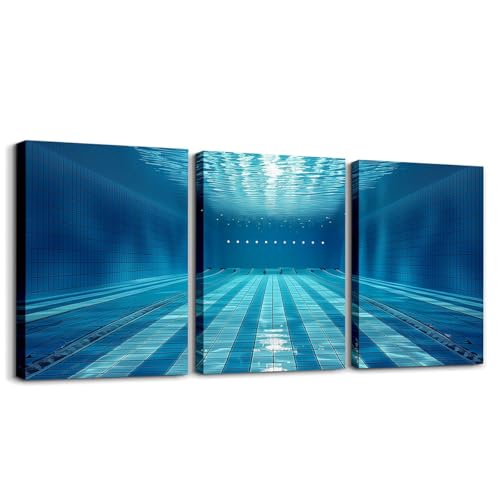 Swimming Canvas Wall Artwork Decor,Swim Sports Games Modern Fashion Wall Painting for Boys Girls Adults,Swimming Pool Chic Poster Pictures,Blue Unique 3 Pieces Framed Canvas Wall Art