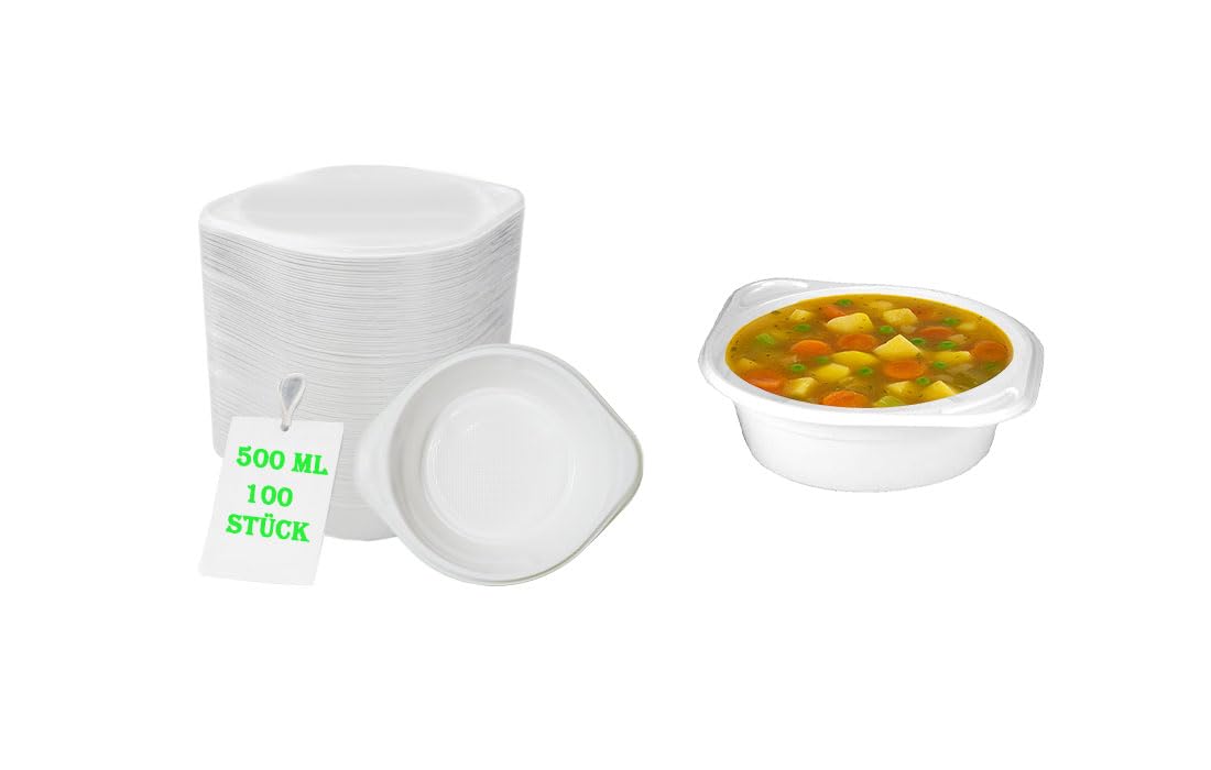 100 Stück Suppenterrinen, Suppenschalen, Suppenteller, Lebensmittelgeeignet, hitzebeständig & stapelbar - 500 ml weiß