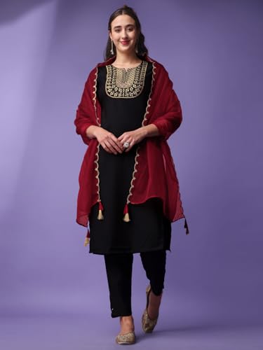 Image of Naixa Women's Viscose Rayon Embroidered Straight Kurta with Pant and Dupatta Set (NK-335)