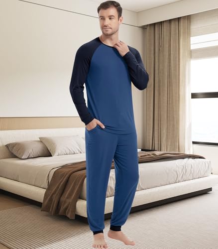 Image of NACHILA Mens Pajamas Set Long Sleeve Henley Sleepwear Top Soft Jogger Pants Pajamas Cool Pjs Set,Viscose Made from Bamboo