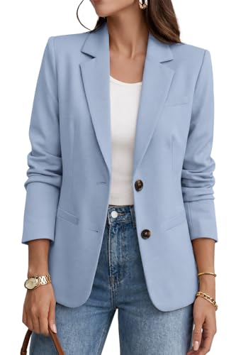 ELLEVEN Blazers for Women Business Casual Outfits Long Sleeve Two Button Slim Fit Suit Jacket with Notched Lapel Collar, Lightweight Work Office Blazer with Pockets Airy Blue Large