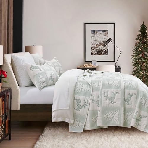 Image of Grassix Christmas Quilt Set King Size, Holiday Bedding Coverlet, White