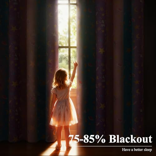 Image of Pink Purple and Grey Room Darkening Curtains 84 Inch Long for Girls Bedroom | Estelar Textiler Star & Moon Blackout Curtains for Kids Playroom,Unicorn Rainbow Grommet Window Drapes,52Wx84L,2 Panels