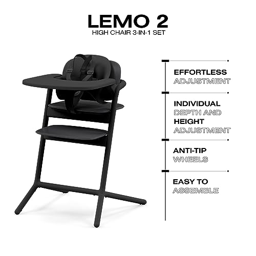 Image of Cybex LEMO High Chair 3-in-1 Set with Baby Set + Snack Tray - Modern Design, One-Hand Depth & Height Adjustment & Anti-Tip Wheels - from 6 Months, Convertible to Adult Chair, Stunning Black