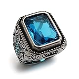 [silver KYASYA] ステンレス カレッジリング 大粒 ジルコニアリング メンズ ブルー シルバー ストーン 印台 ワイド ごつめ 唐草 模様 アラベスク 一粒 重厚感 指輪 水色 男性 金アレ対応（26号）