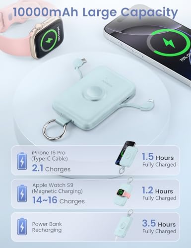 Image of RORRY CharmGo Portable Charger, 10000mAh 20W Fast Charging Portable Charger Power Bank with Built in Cables, Travel Battery Pack for iPhone 17 /16 /15 /14 /13 /12 and Apple Watch, Sky Blue
