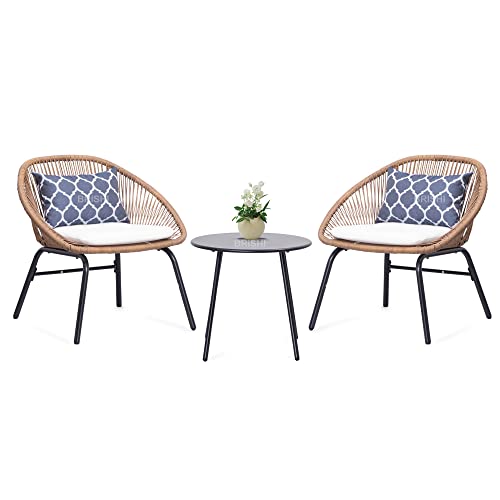 Image of BRISHI Garden Patio Seating Chair and Table Set Outdoor Balcony Garden Coffee Table Set Furniture with 1 Table and 2 Chairs Set with Cushion (Honey)
